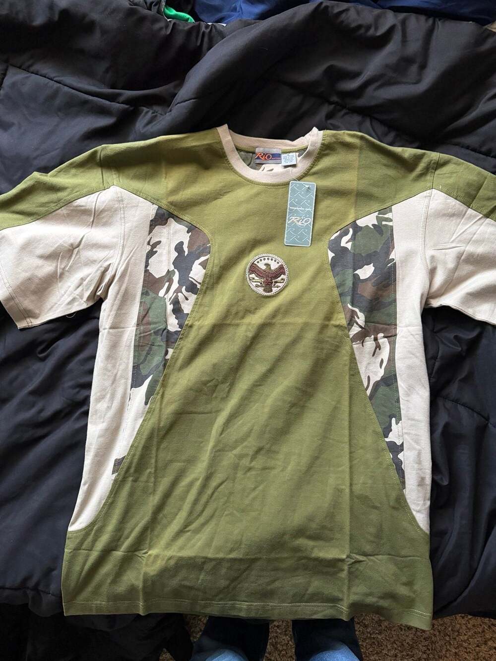 Y2K Rio Military Camo Panel Shirt NWT Embroidered Eagle Army Streetwear XL